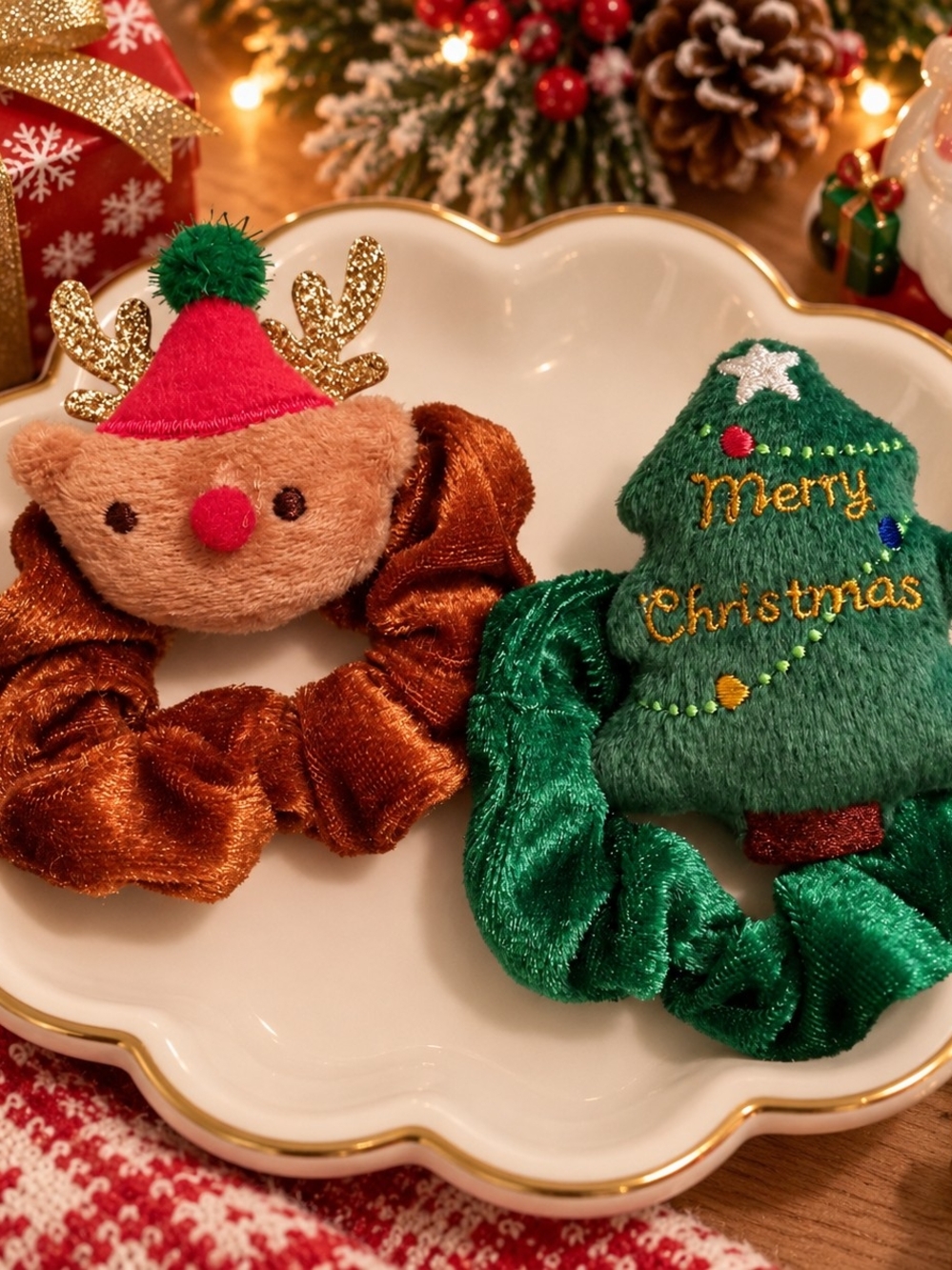 Christmas Velvet Scrunchie Set – Reindeer & Tree New Set of 2